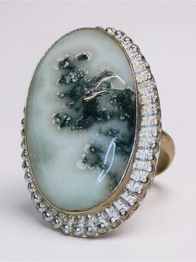 Vintage Navajo Moss Agate 925 Ring- Size 7.5- EUC- Sterling Native American